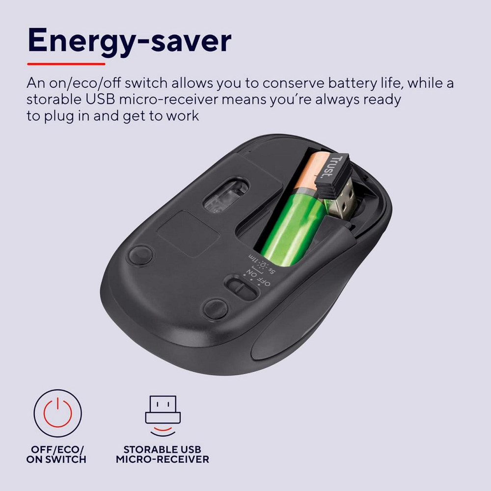 Миша Trust Yvi FX чорна бездротова USB 2.4GHz оптична 800/1600 DPI компактна з підсвіткою для ноутбука і ПК Київ - фото 4