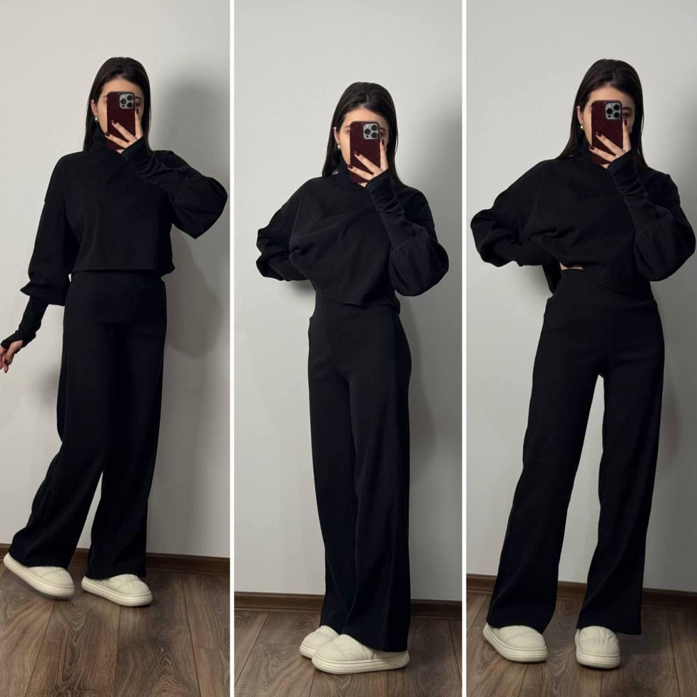 Женский базовый теплый костюм: кофта и штаны Турецкая Ангора Черный, 42/46 Одесса - изображение 1