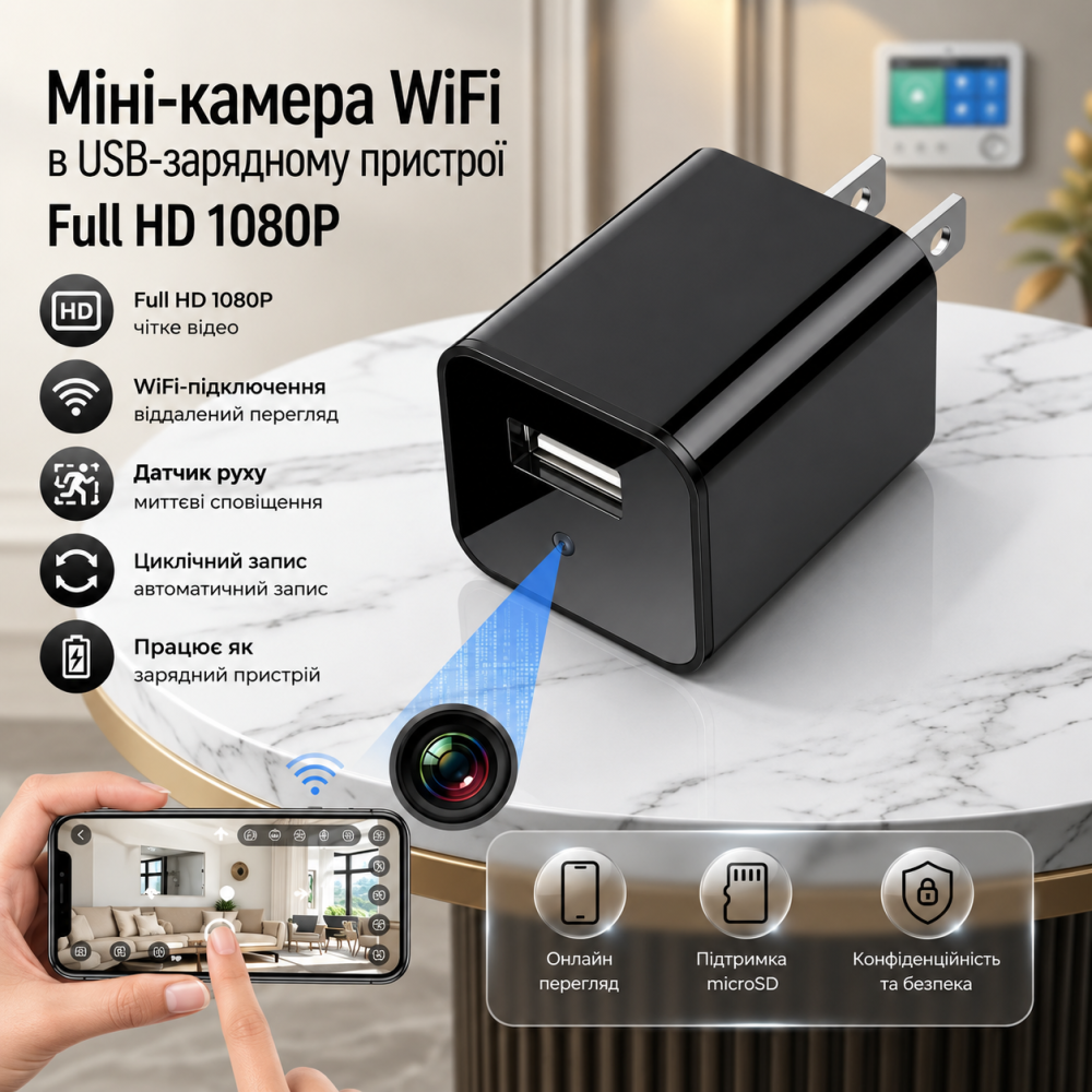 Wi-Fi камера відеоспостереження у USB-зарядному пристрої Full HD 1080P, датчик руху, онлайн-перегляд, MicroSD Київ - фото 8
