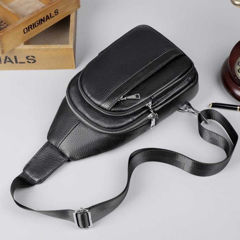 Шкіряна нагрудна чоловіча сумка слінг чорна TIDING BAG Київ - фото 8