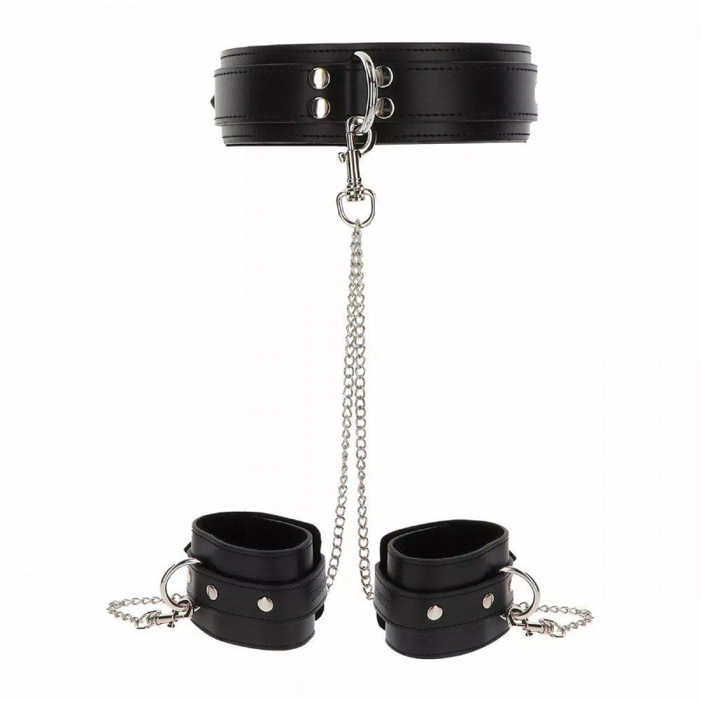 Широкий нашийник з наручниками та ланцюгом Taboom Luxury Bondage Essentials, чорний Sex Aura Київ - фото 3