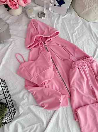 Жіночий прогулянковий костюм-трійка: кофта топ і штани двонитка Рожевий, 46/48 Одеса