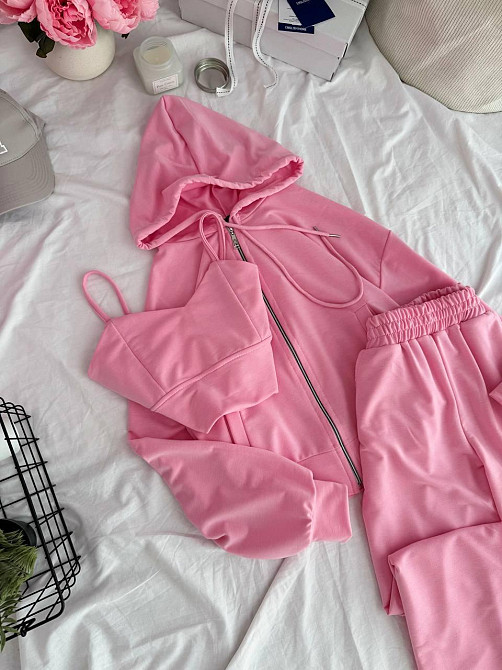 Жіночий прогулянковий костюм-трійка: кофта топ і штани двонитка Рожевий, 46/48 Одеса - фото 4