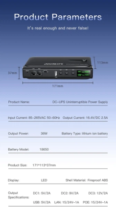 Повербанк для роутеров Doocreate DC1036L-36W (4x18650) 5V 9V 12V USB POE (15/24V) + LCD 12000мА Киев