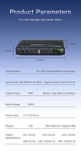 Повербанк для роутеров Doocreate DC1036L-36W (4x18650) 5V 9V 12V USB POE (15/24V) + LCD 12000мА Киев - изображение 2