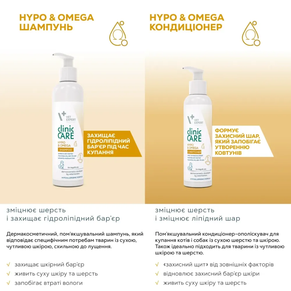Кондиціонер Vet Expert Clinic Клінік Кеа Care Hypo&Omega Гіпо&Омега для собак і котів з сухою шерстю та шкірою, 150 мл Київ - фото 2