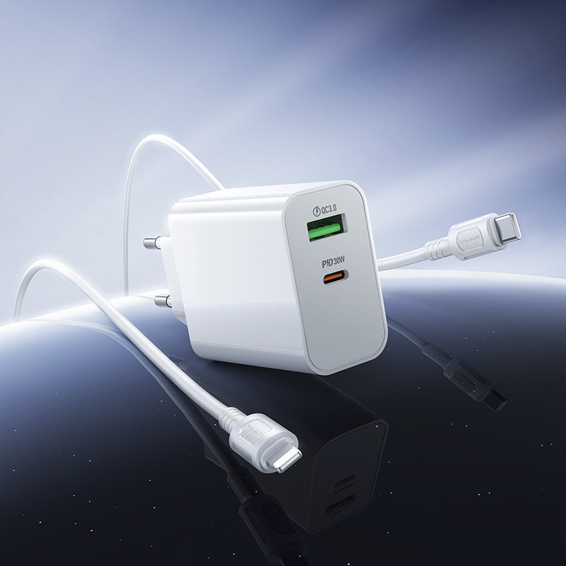 Мережевий зарядний пристрій з кабелем BOROFONE BA108A Stellar PD30W+QC3.0 charger set (C to iP) (EU) White Одеса - фото 9