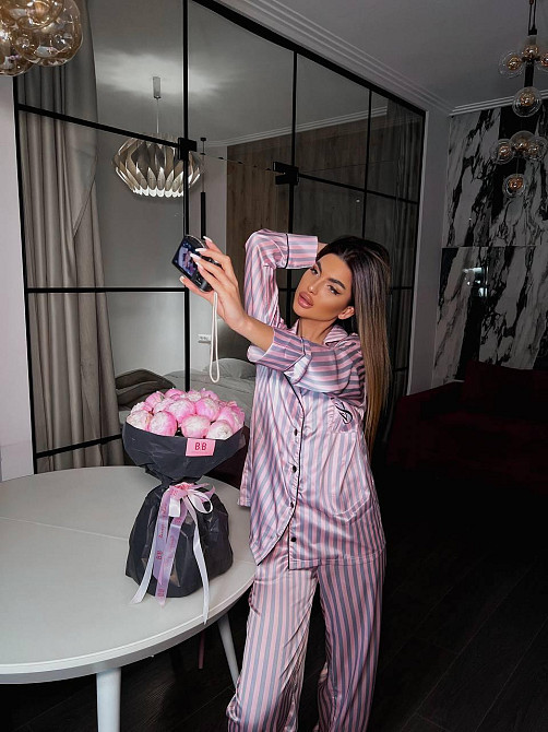 Женская шелковая пижама двойка в полоску Розовый, 52/54 Одесса - изображение 6