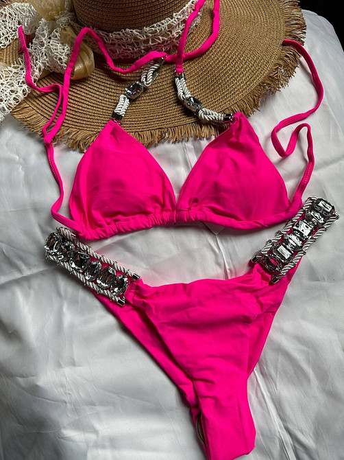 Білий роздільний купальник із камінням Малиновий M Харків - фото 3