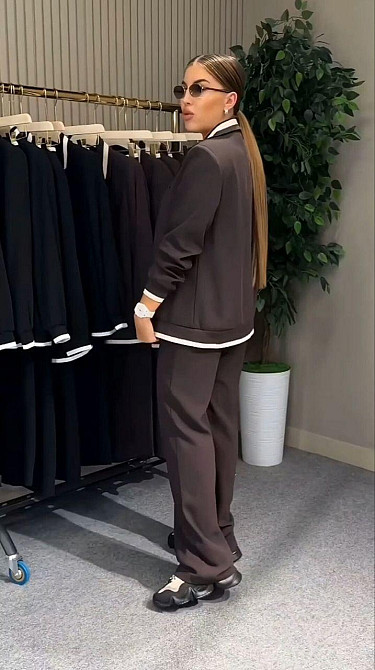 Женский стильный брючный костюм двойка: пиджак и штаны батал итальянский трикотаж Шоколадный, 56/58 Одесса - изображение 4