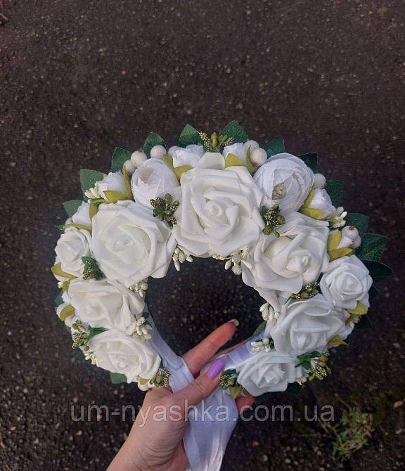 Білий віночок Ободок обруч з квітами "Сценічний білий" зі стрічками Кривий Ріг - фото 4