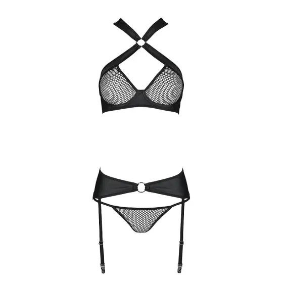 Сітчастий набір, бюстгальтер з халтером, трусики та пояс для панчох AMANDA SET L/XL, black Львів