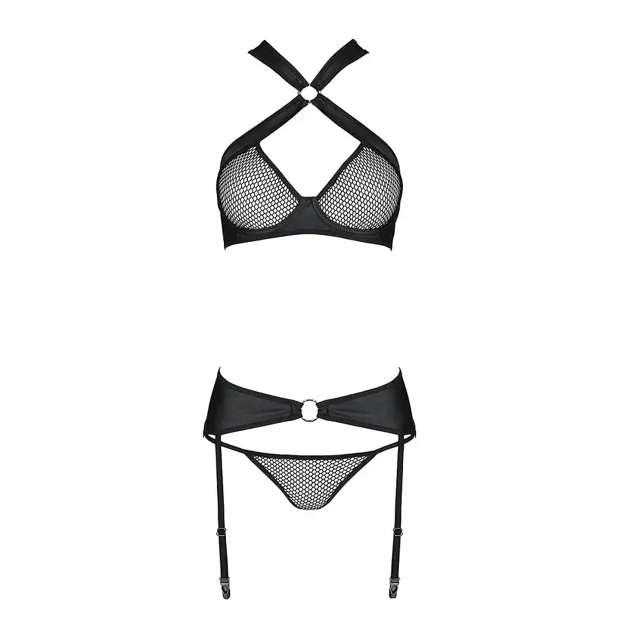Сітчастий набір, бюстгальтер з халтером, трусики та пояс для панчох AMANDA SET L/XL, black Львів - фото 5