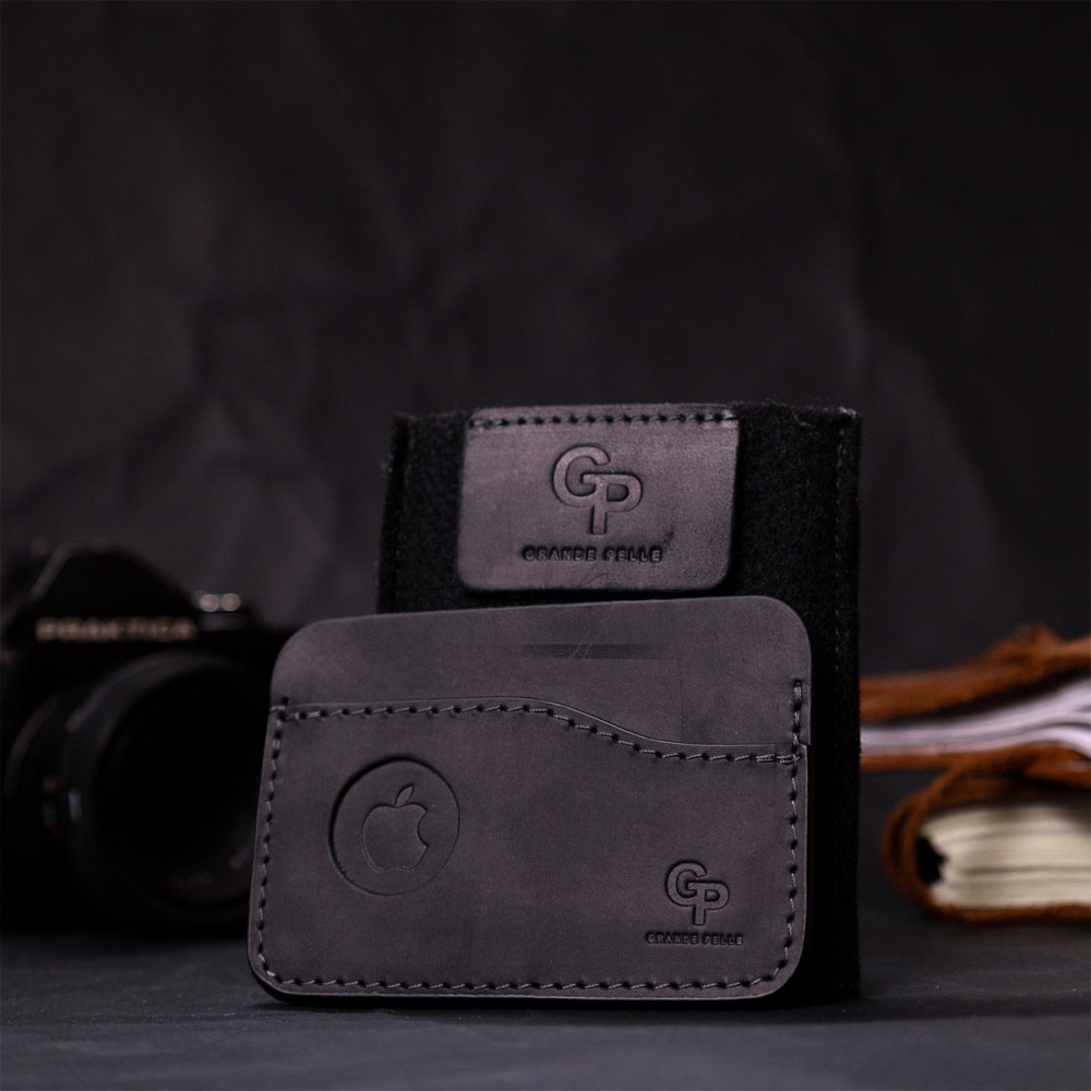 Горизонтальний картхолдер з утримувачем для Apple AirTag з натуральної шкіри GRANDE PELLE 11611 Чорний Київ - фото 1