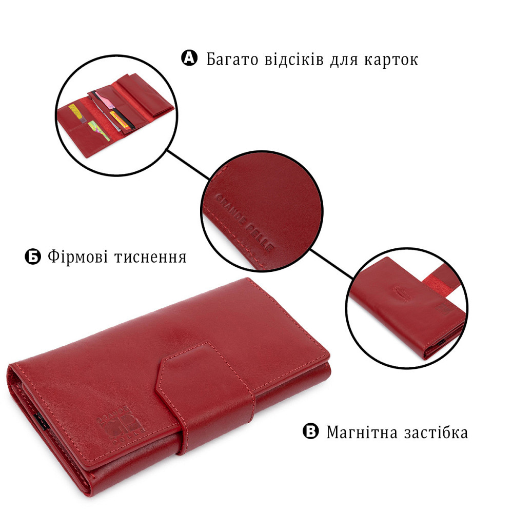 Шикарний жіночий гаманець в три складання GRANDE PELLE 11564 Червоний Київ - фото 10