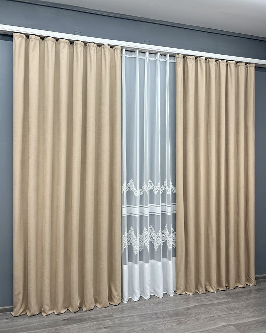 Комплект штор VR-Textil Мікровелюр Petek 200х270 2шт і Тюль 600х270 2013ш-1706т Бежевий з молочним 71-194/7 Київ - фото 3