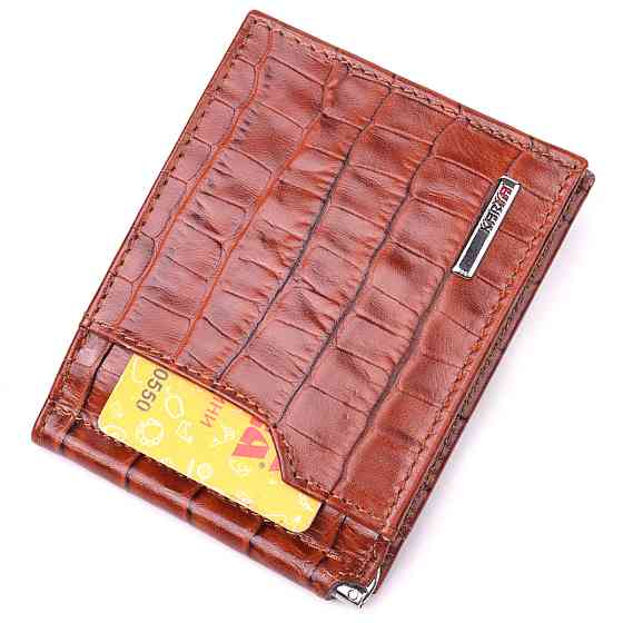 Фактурний затискач для чоловіків з натуральної шкіри з тисненням під крокодила KARYA 21418 Рудий Київ