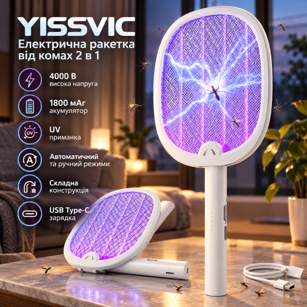 Електрична ракетка від комах YISSVIC 2 в 1, 4000 В, акумулятор 1800 мАг, UV-приманка, автоматичний та ручний режими, складна Київ - фото 1