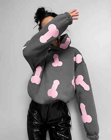 Женское теплое ОХУЕ*** худи оверсайз кроя на фиксаторах трехнитка на флисе Графит Одесса