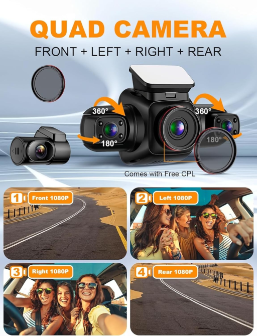 Видеорегистратор Yabdbg D80 4CH 4×1080P, 360°, GPS, Wi-Fi, WDR, ночное видение, 24/7 парковка, до 256 ГБ Киев - изображение 4
