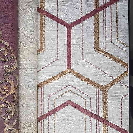 Шпалери метрові вінілові на флізелін 24 Carati Cristiana Masi геометрія смуги золотом бордові на бежевому 3д Київ