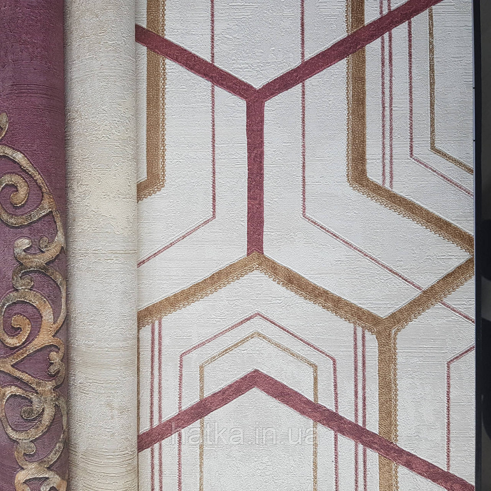 Шпалери метрові вінілові на флізелін 24 Carati Cristiana Masi геометрія смуги золотом бордові на бежевому 3д Київ - фото 2