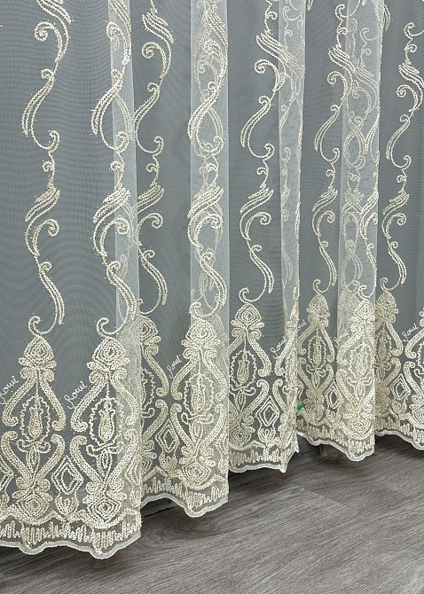 Тюль VR-Textil 1852т Фатин с вышивкой Корд и люрексом Молочный с золотистым 300х250 см (42-1195) Киев - изображение 7