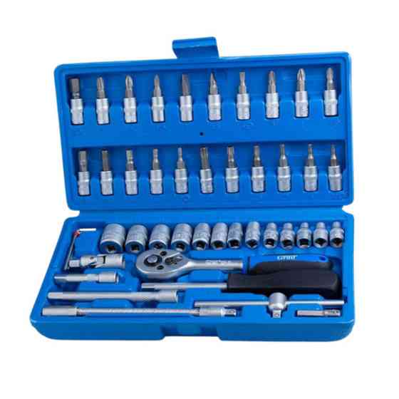 Набір інструменту 1/4" 46 шт, 4-14 мм з тріщ., подовжує., кардан, отв.-вороток, біти Мукачево
