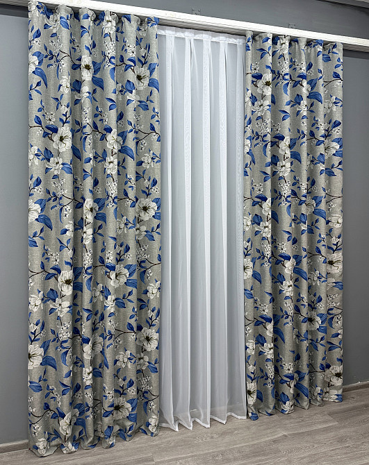 Комплект готових штор VR-Textil Льон з квітковим принтом "Прованс" № 1725ш Світло-сірий з синім 100х270 см 2 шт (31-827) Київ - фото 2