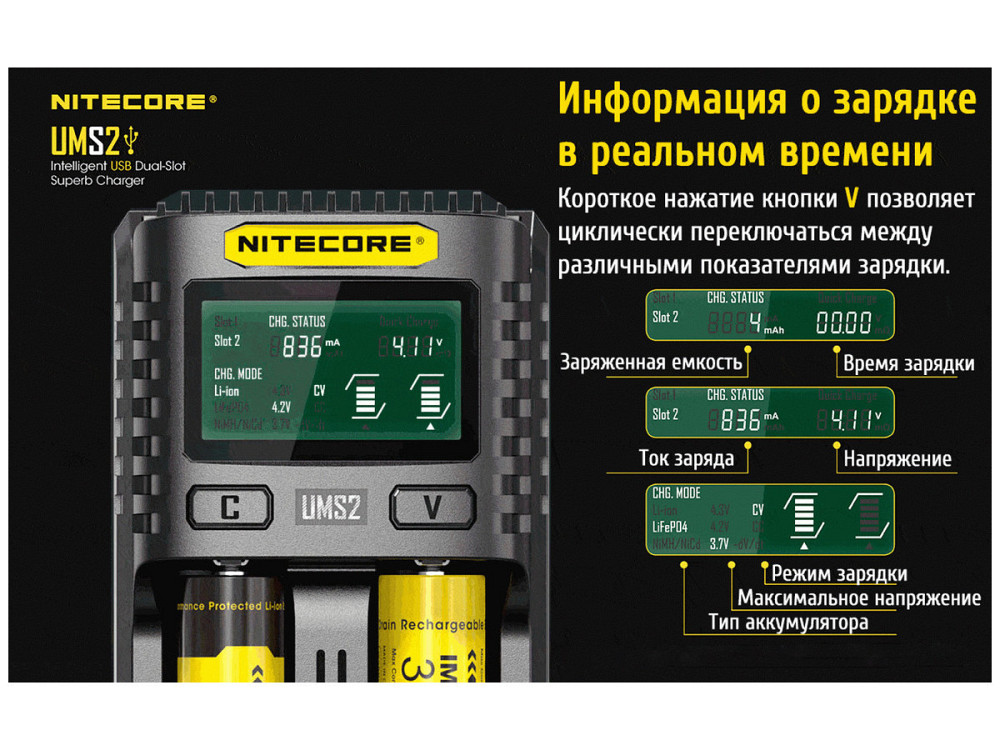 Універсальний зарядний пристрій Nitecore UMS2 для акумуляторів 2 каналу (Ni-Mh, Li-Ion, IMR, LiFePO4) Київ - фото 5