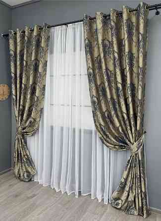 Комплект штор на люверсах VR-Textil Парча № 1776ш Бежевий з синім 155х270 см 2 шт (37-0261) Київ
