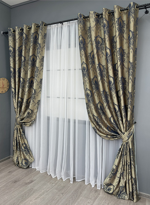 Комплект штор на люверсах VR-Textil Парча № 1776ш Бежевый с синим 155х270 см 2 шт (37-0261) Киев - изображение 3