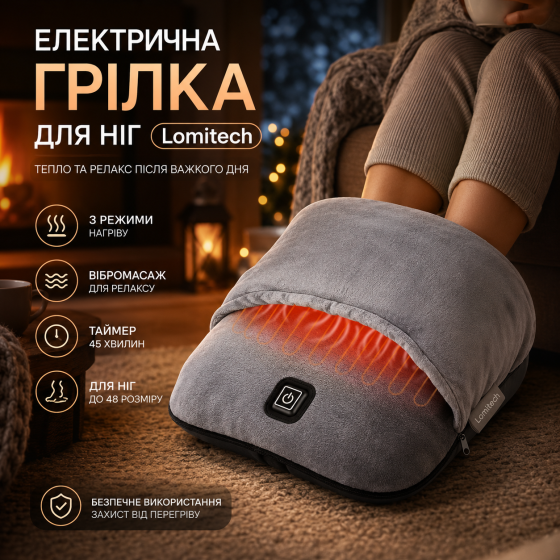 Электрическая грелка для ног Lomitech с вибромассажем и подогревом, 3 режима, таймер 45 мин, серая, ткань микронорка Киев