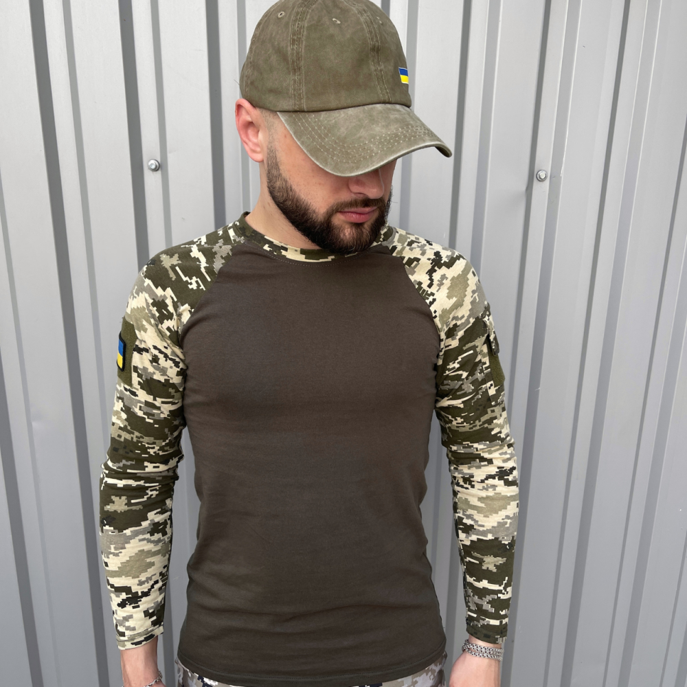 Армейська тактична футболка зсу з довгим рукавом, чоловічий військовий лонгслів з липучками коричневий камуфляж XXL Одеса - фото 1