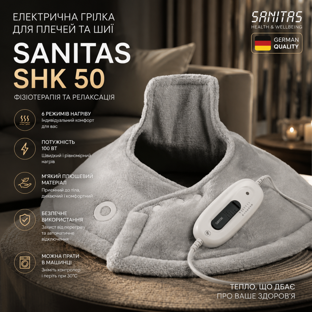Електрична грілка для плечей та шиї Sanitas SHK 50: Фізіотерапія та релаксація, 6 режимів, 100 Вт, Сіра Київ - фото 6