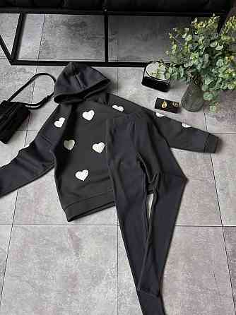 Жіночий теплий прогулянковий костюм-двійка з сердечками тринитка на флісі + ангора рубчик Графіт, 50/52 Одеса