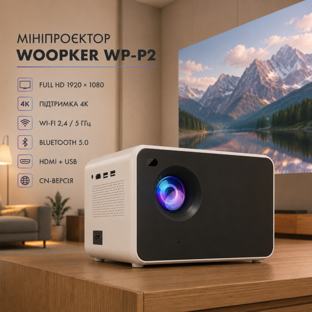 Мини-проектор WOOPKER WP-P2 Full HD 1920×1080, 4K, HDMI, USB, Wi‑Fi 2,4/5 ГГц, Bluetooth 5.0, CN-версия Киев - изображение 10