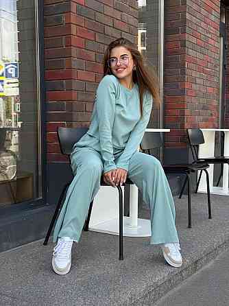 Женский костюм в рубчик с широкими штанами Оливковый M/L Харьков