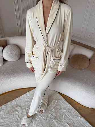 Жіноча затишна піжама: халат-кімоно, штани + пов'язка на голову велюр Молочний, 46/48 Одеса