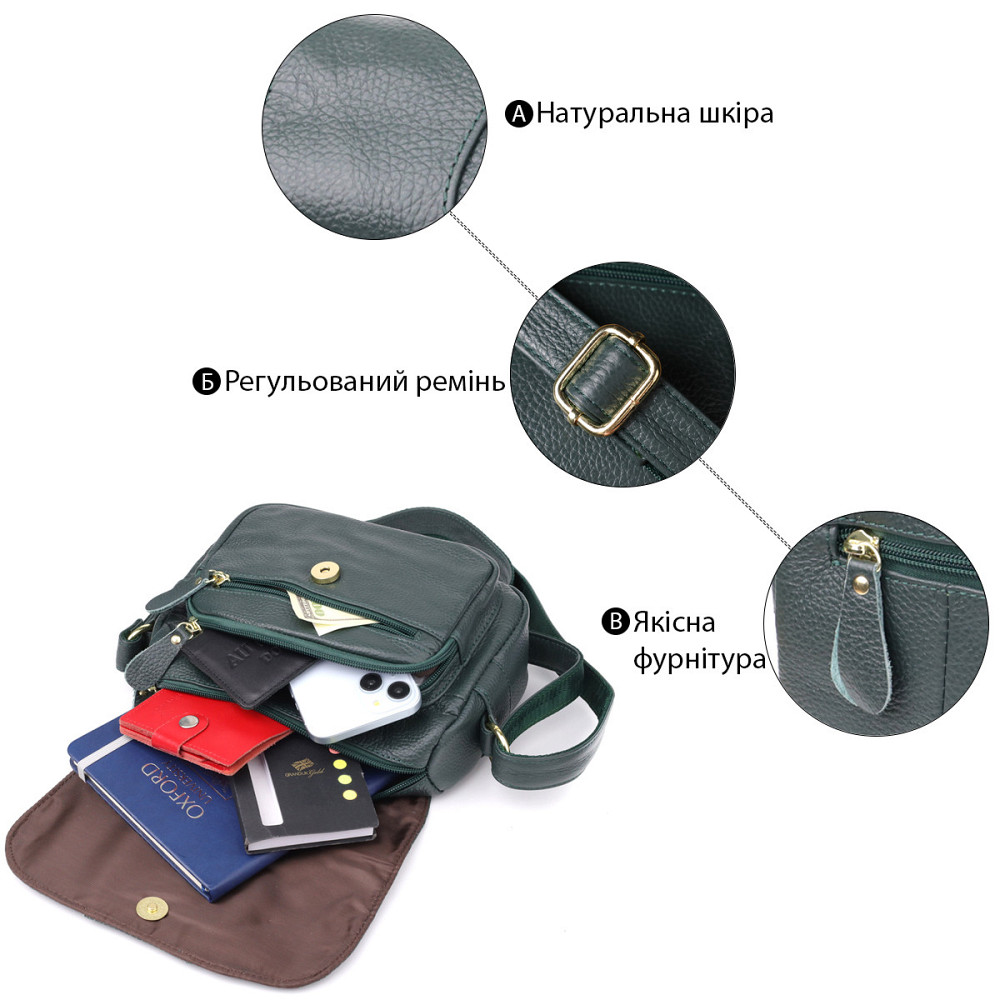 Повсякденна жіноча сумка з натуральної шкіри Vintage 22970 Зелений Київ - фото 4