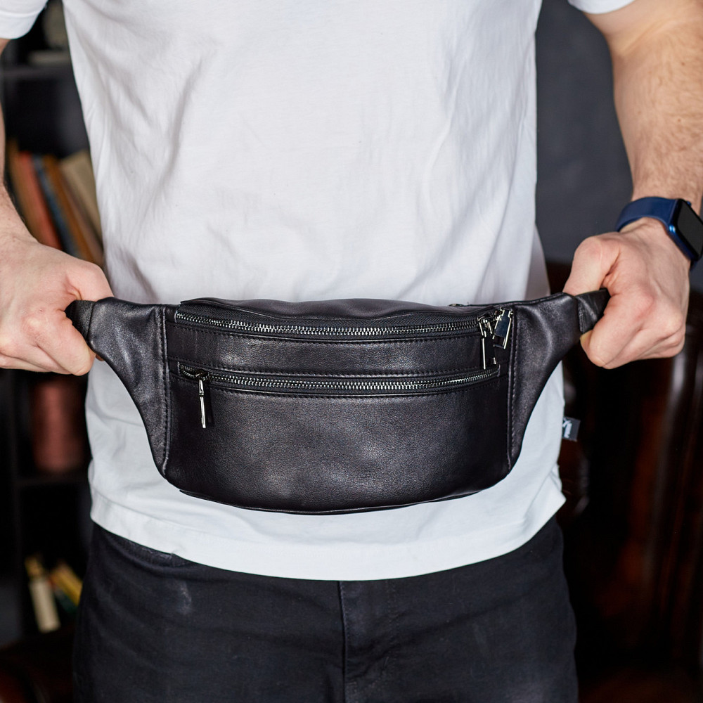 Стильна чоловіча бананка з натуральної гладкої шкіри 14х25х10, сумка нагрудна для телефону NM-50358 чорна Київ - фото 2