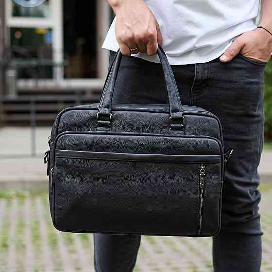 Офисная мужская сумка через плечо 39х29х10, кожаный портфель-мессенджер для бизнеса, черный Киев