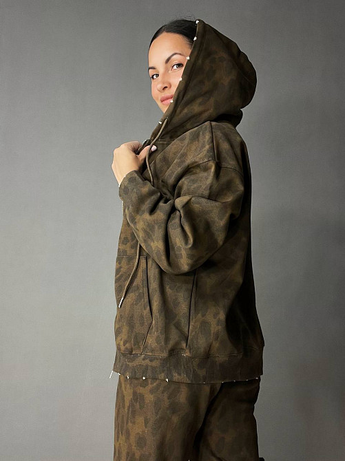 Костюм женский A-N 2749 леопардовый принт худи на молнии с капюшоном и брюки палаццо коричневый, коричневый, L Киев - изображение 5