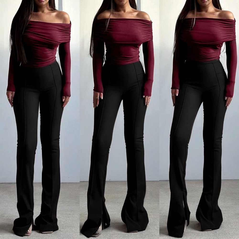 Женский лонгслив с открытыми плечами и изящной драпировкой трикотаж масло Бургунди Одесса - изображение 1