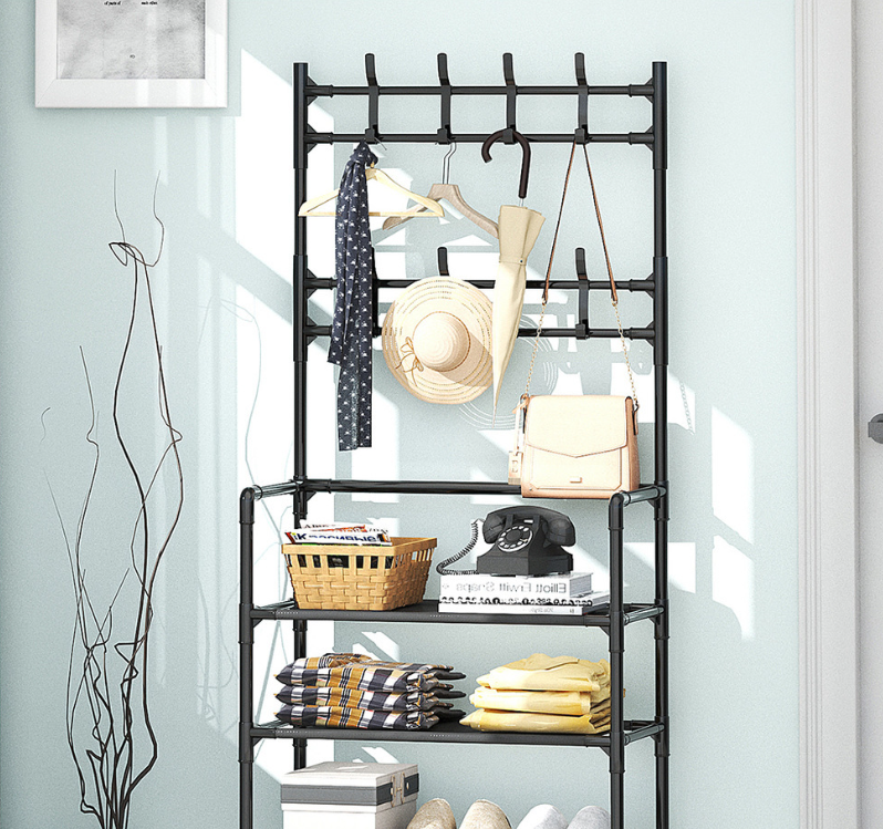 Полочка с вешаком для прихожей 25х60х150, Органайзер для обуви и одежды с 6 полками, Черного цвета Каменец-Подольский - изображение 10