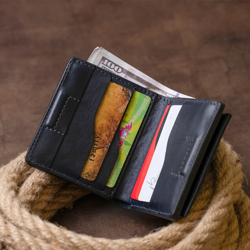 Вертикальное глянцевое портмоне с накладной монетницей GRANDE PELLE 11332 Синее Киев - изображение 10