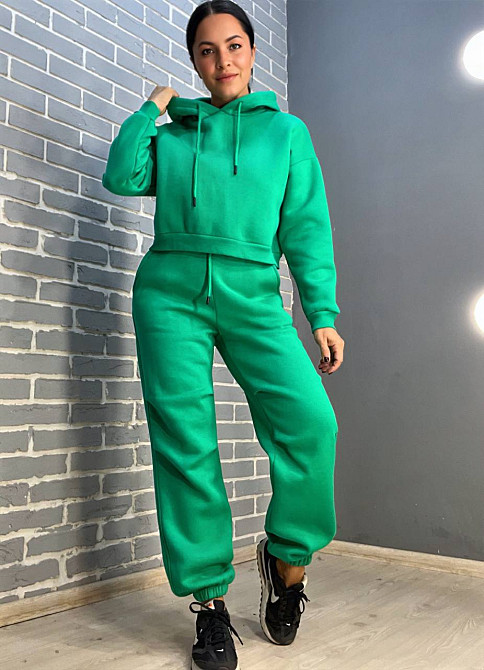 Костюм жіночий Quzen 478-480 коротке худі з капюшоном та брюки джоггери на резинці фліс зелений, зелений, L Київ - фото 10