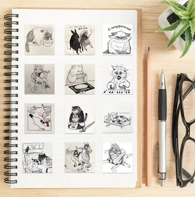 60 шт. черно-белые наклейки с эскизами кошек, смешные наклейки с котами, скикерпак кошки. Киев - изображение 6