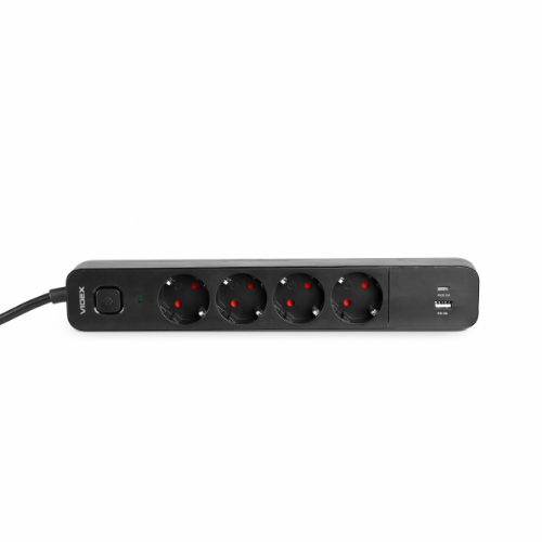 Мережевий подовжувач із заземленням 4 розетки/1USB-A/1Type-C 3м з кнопкою чорний VF-PD43G1QC1PD-B Oncord Videx Житомир