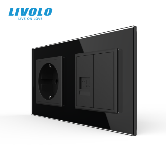 LIVOLO Розетка двомісна комбінована Силова Інтернет LIVOLO чорна матова скло Коломыя